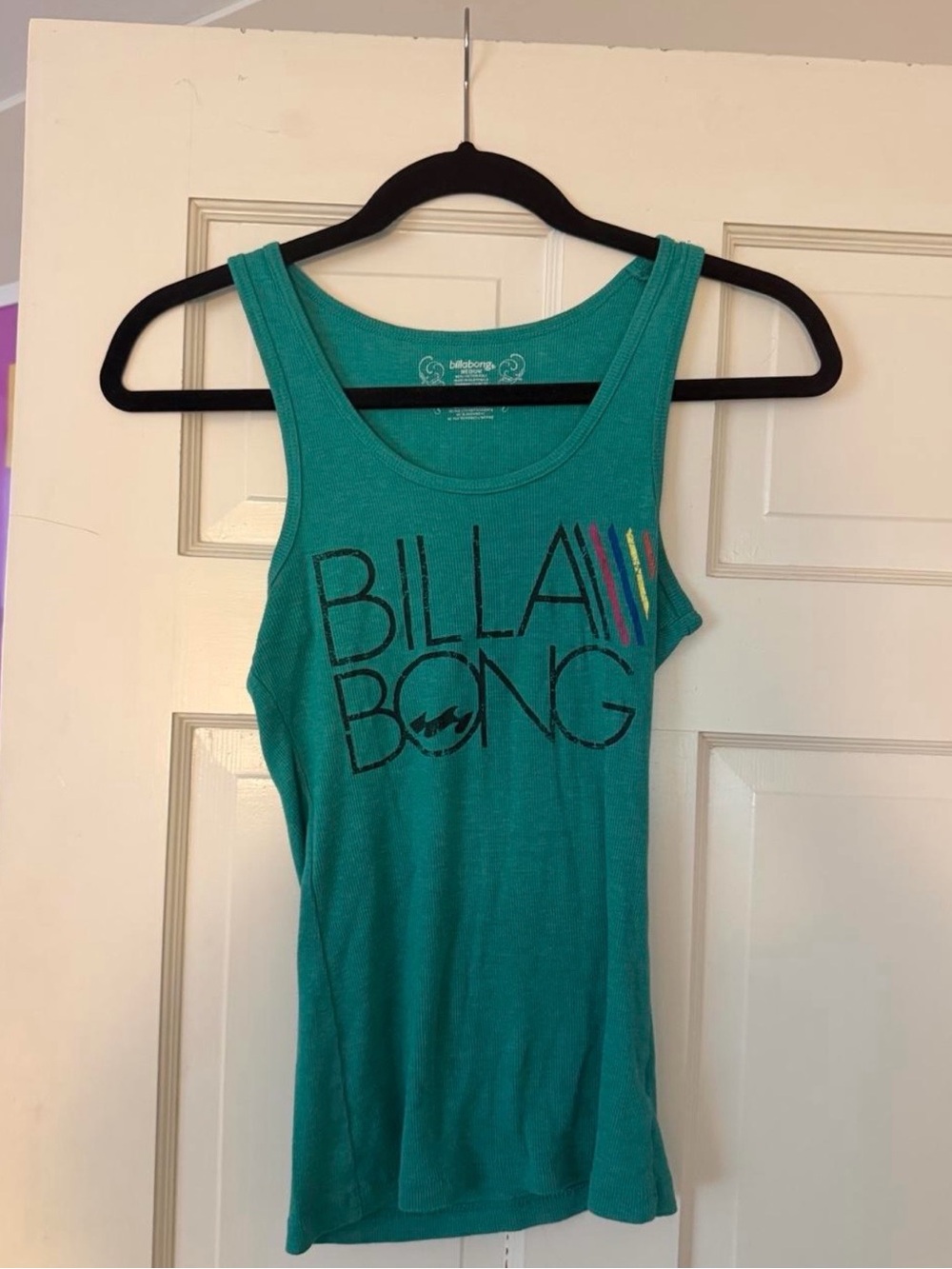 Vintage Billabong Teal Women's Logo Tank with Multicolor Stripe Accents